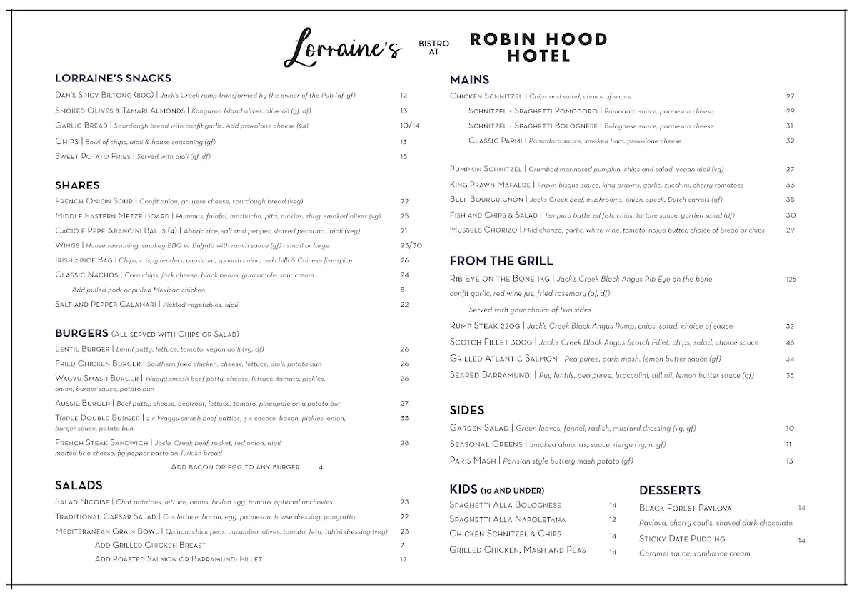 Menu, Lorraine's Bistro