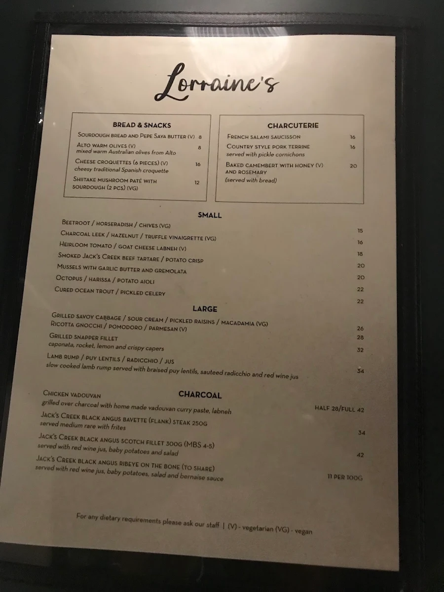 Menu, Lorraine's Bistro
