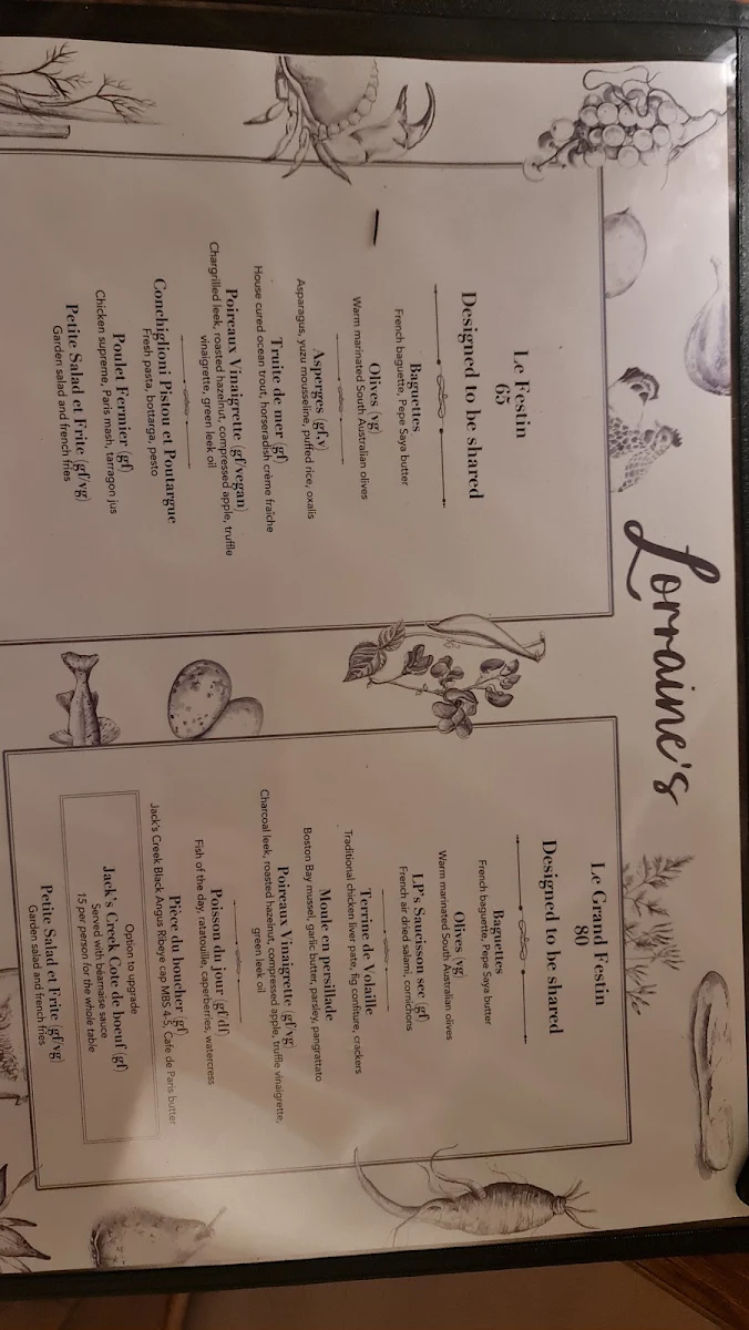 Menu, Lorraine's Bistro
