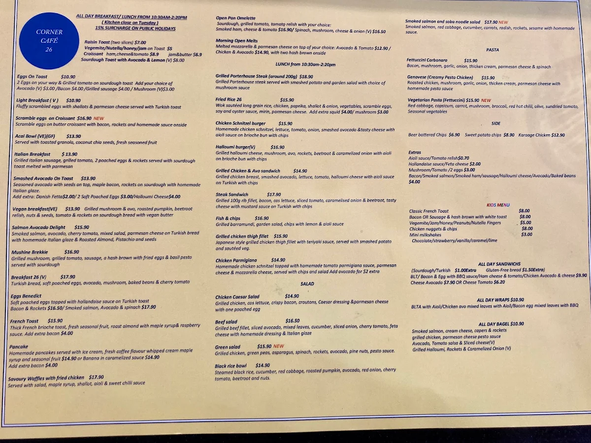 Menu, Corner Cafe 26