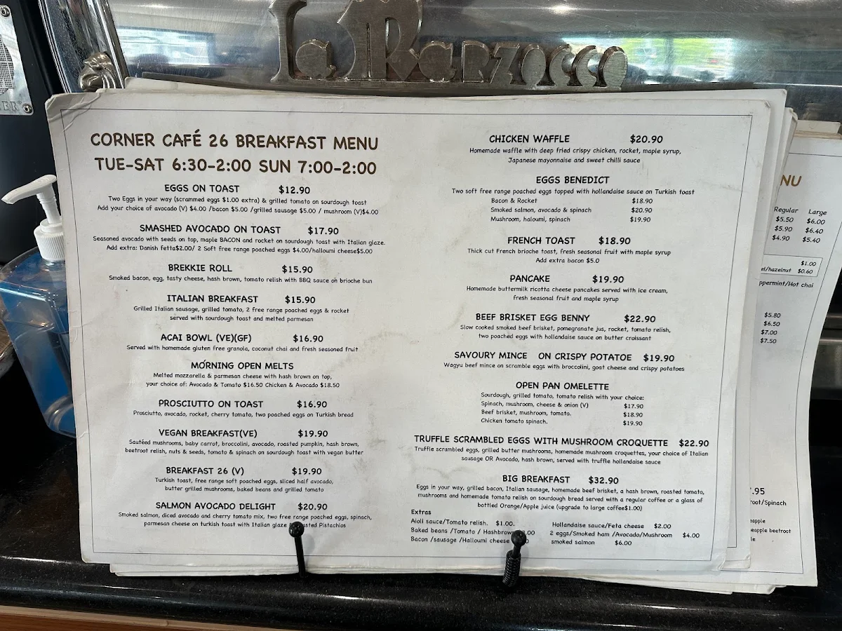 Menu, Corner Cafe 26