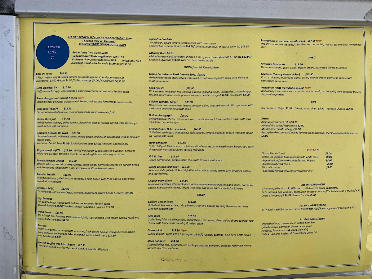 Menu, Corner Cafe 26