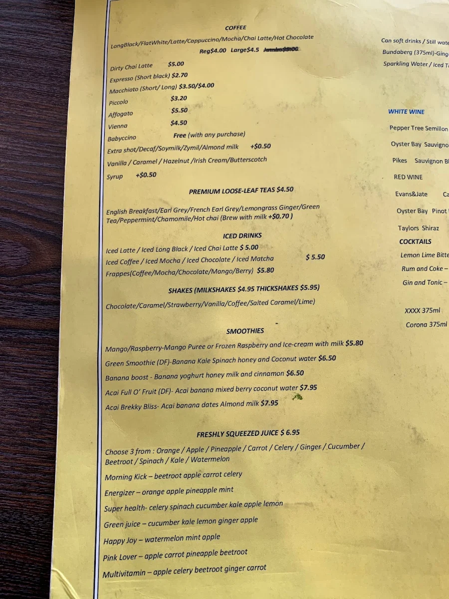 Menu, Corner Cafe 26
