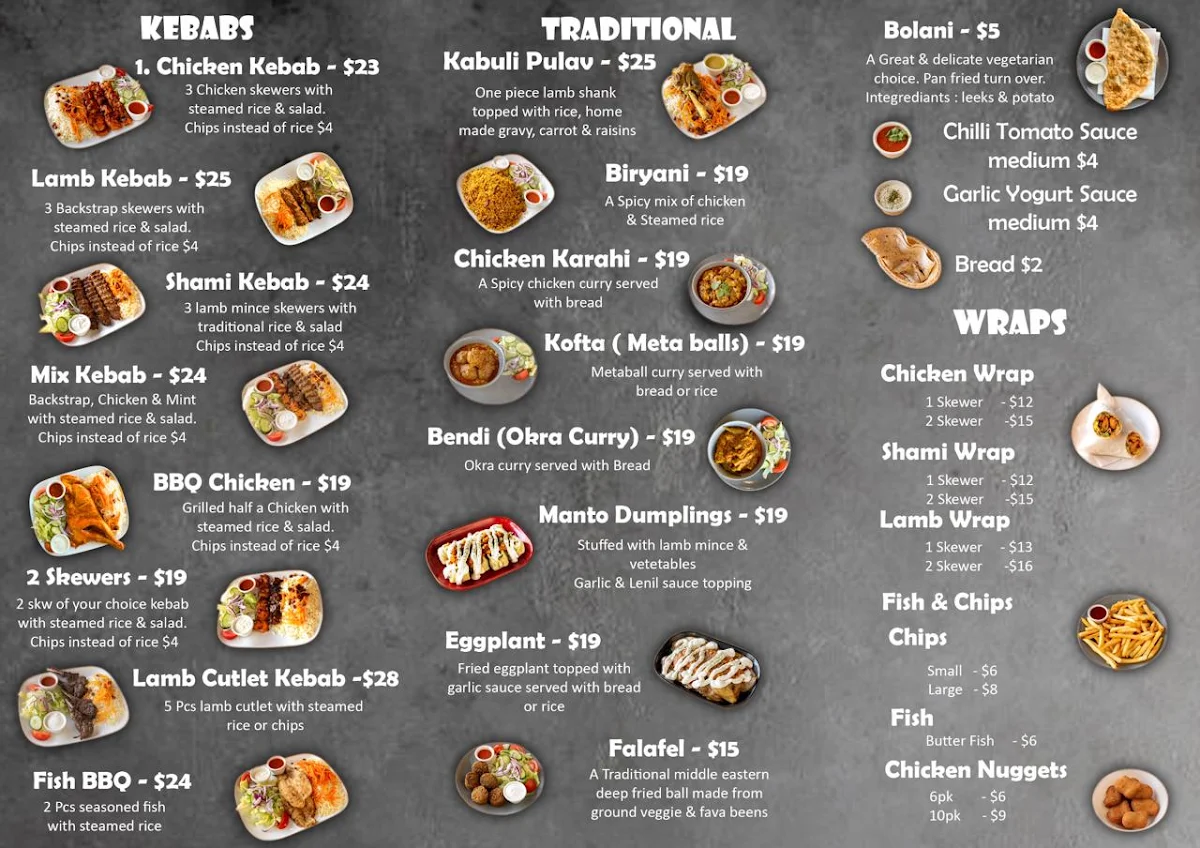 Menu, Salam Charcoal Kebab House