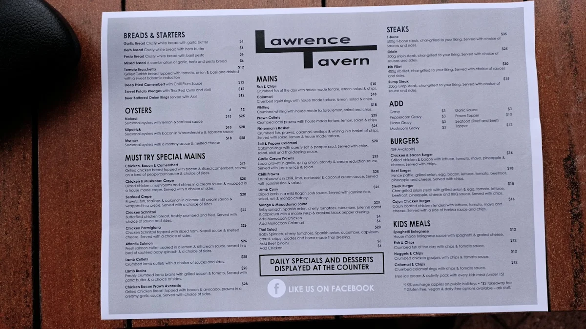 Menu, Lawrence Tavern