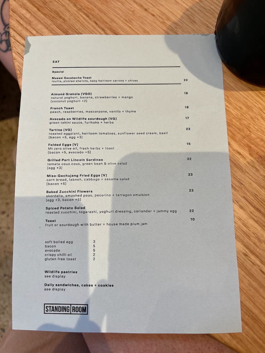 Menu, Standing Room Coffee - Fitzroy North