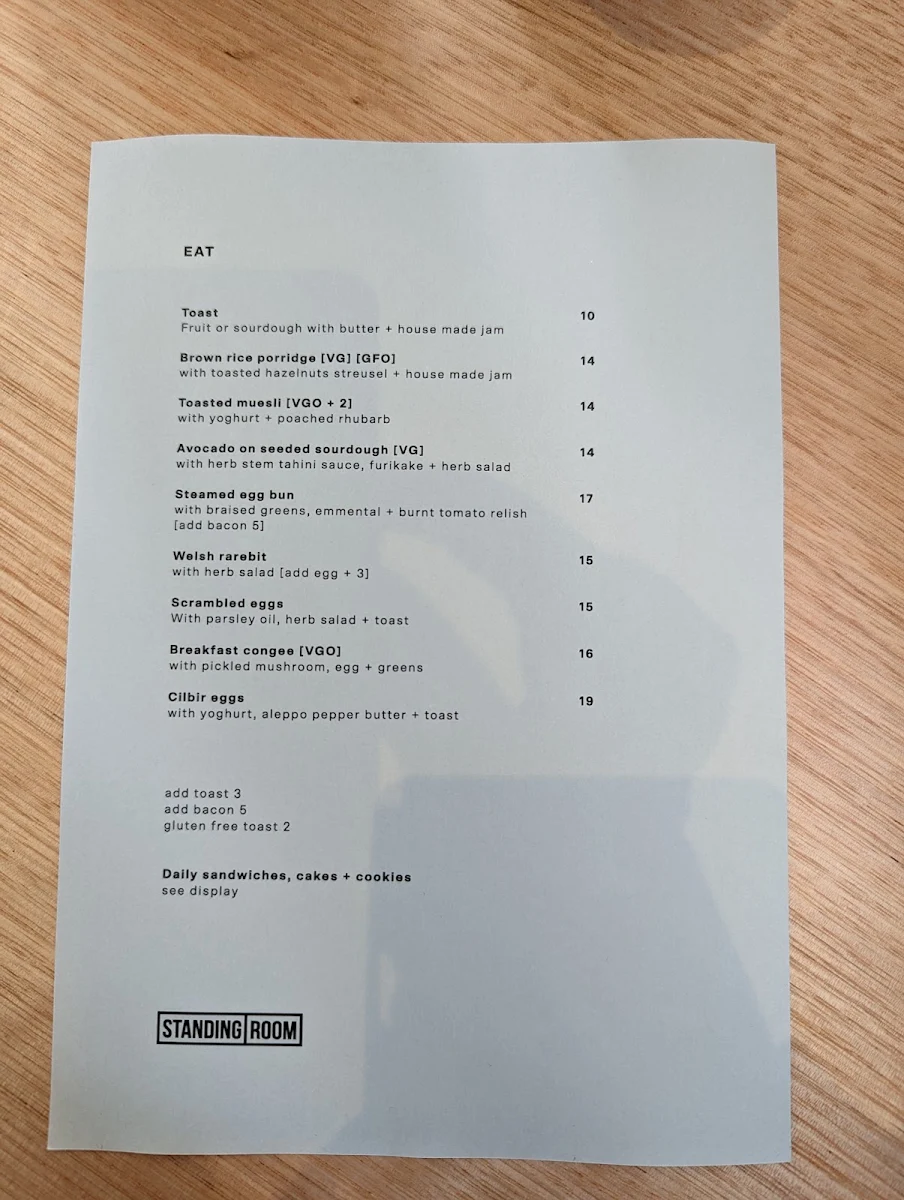 Menu, Standing Room Coffee - Fitzroy North