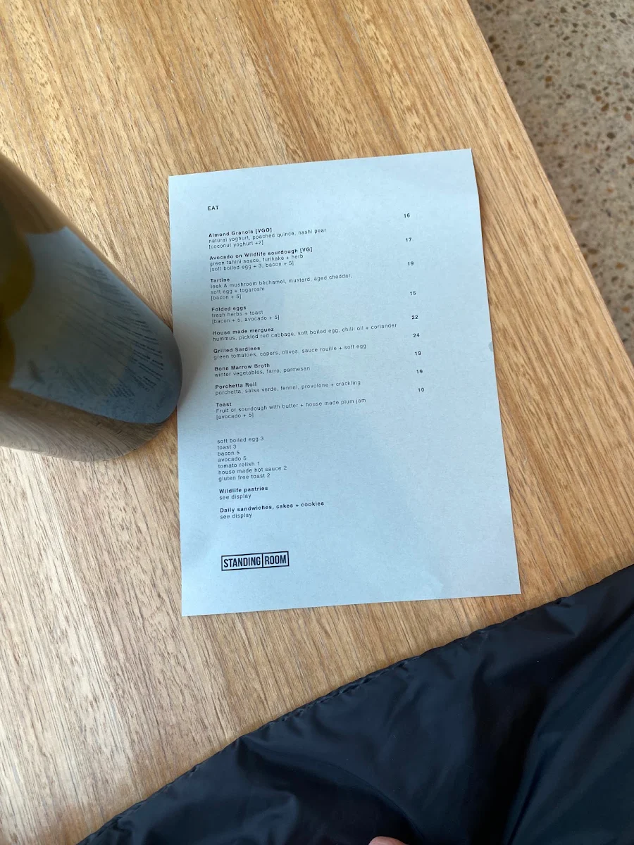 Menu, Standing Room Coffee - Fitzroy North