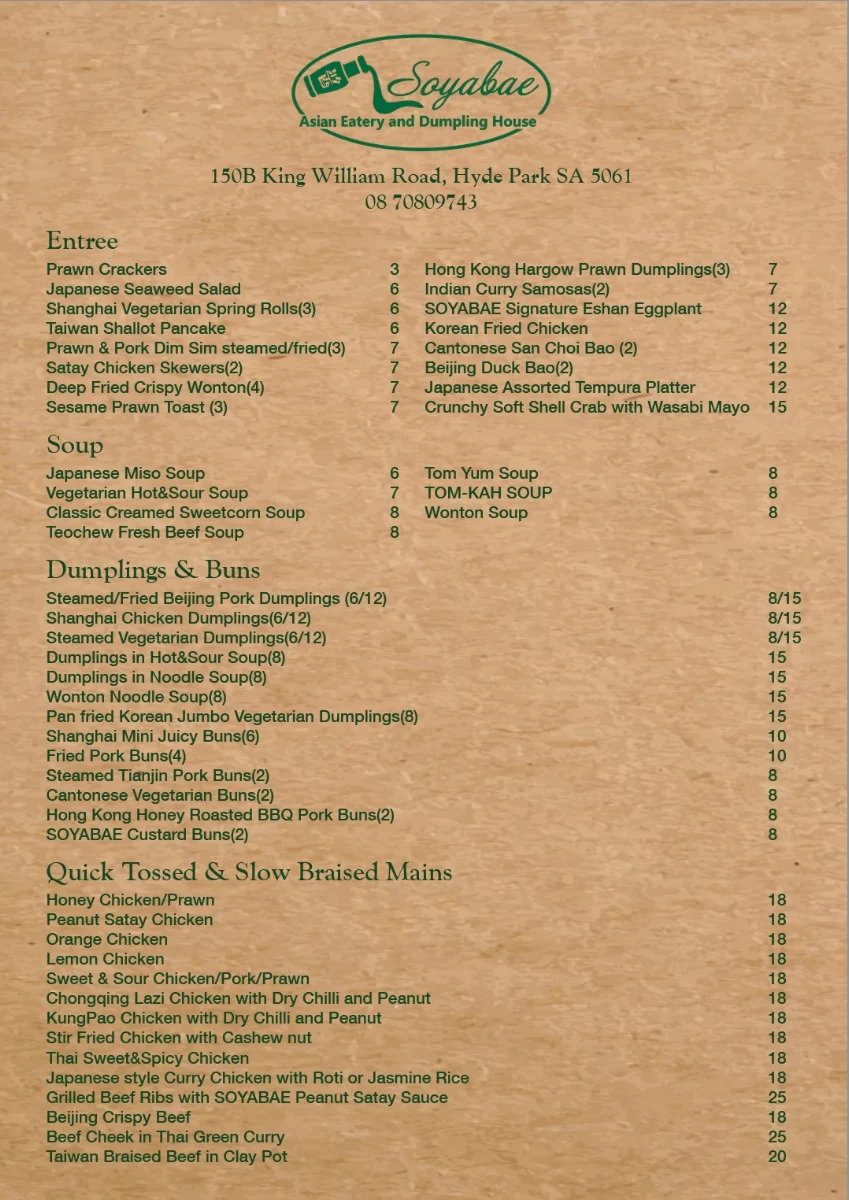 Menu, SOYABAE ASIAN EATERY AND DUMPLING HOUSE