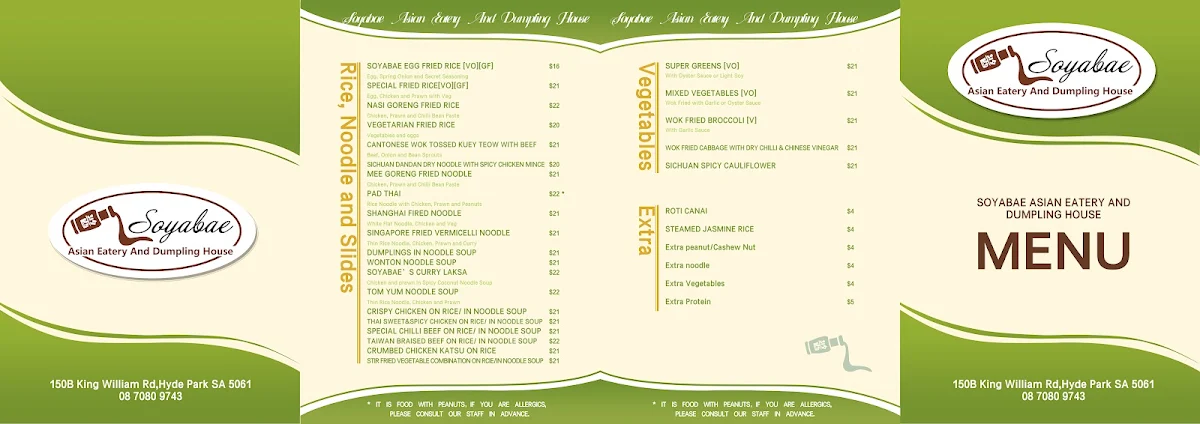 Menu, SOYABAE ASIAN EATERY AND DUMPLING HOUSE
