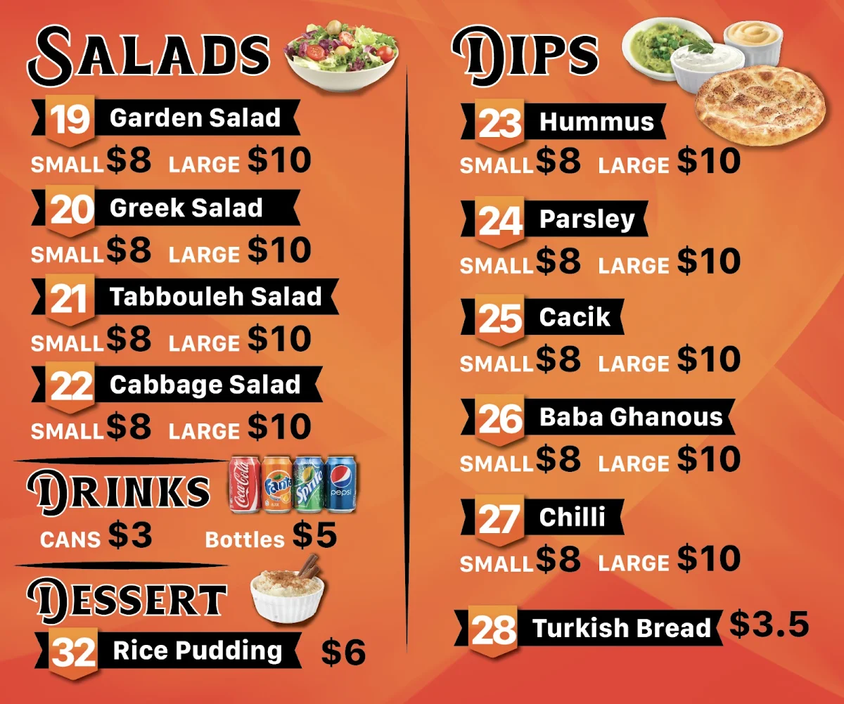 Menu, Croydon park kebab house