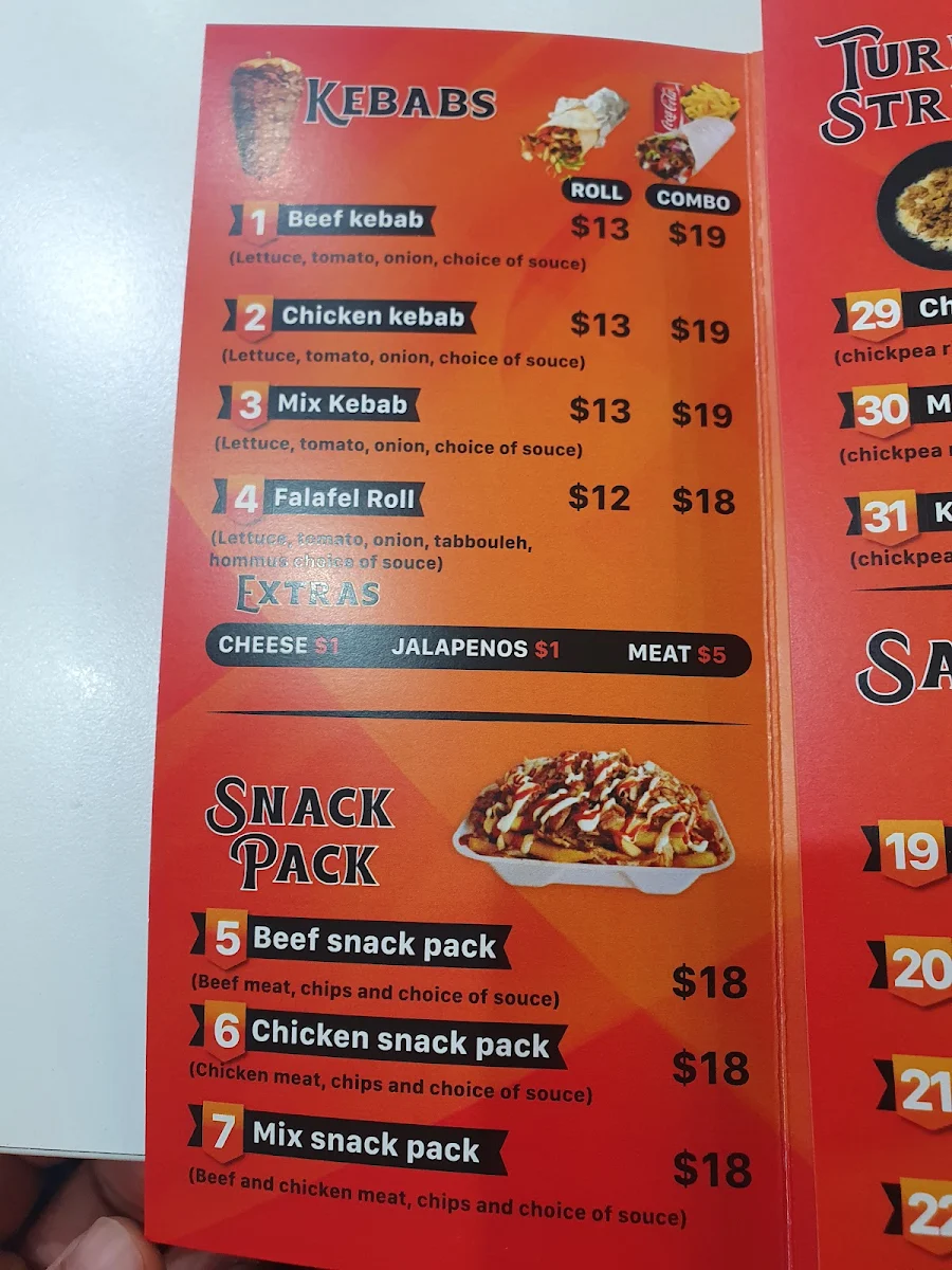 Menu, Croydon park kebab house
