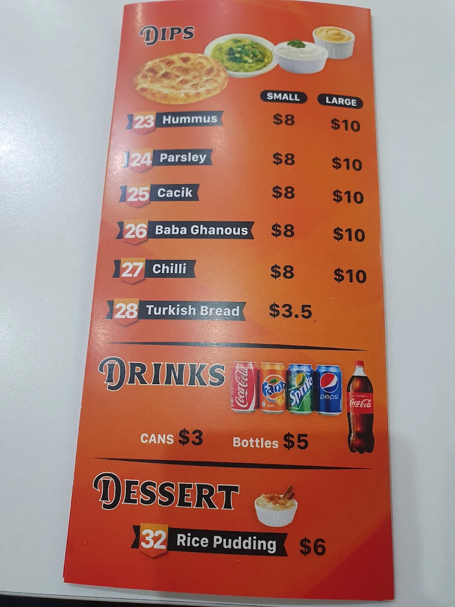 Menu, Croydon park kebab house