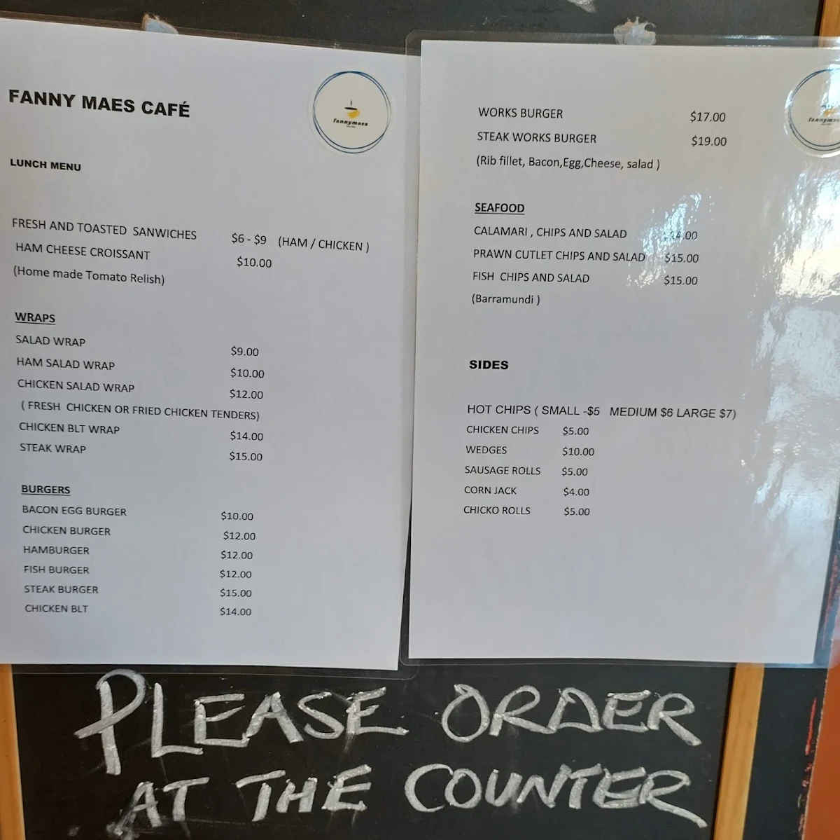 Menu, Fanny Mae's Cafe