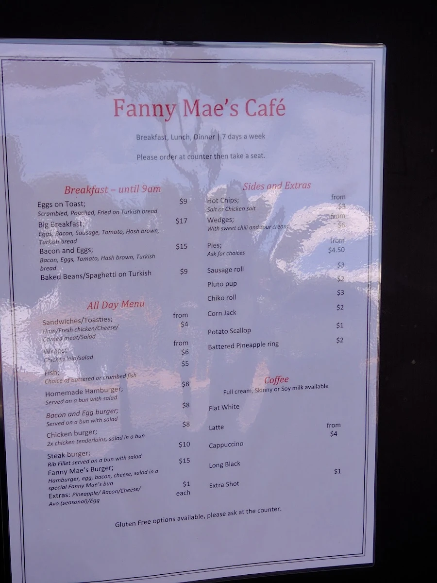 Menu, Fanny Mae's Cafe