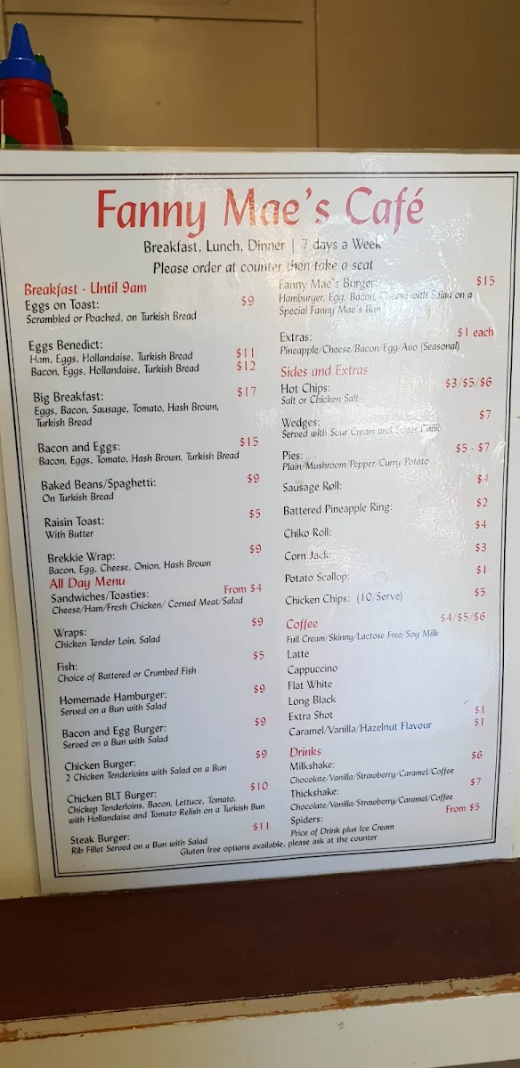 Menu, Fanny Mae's Cafe