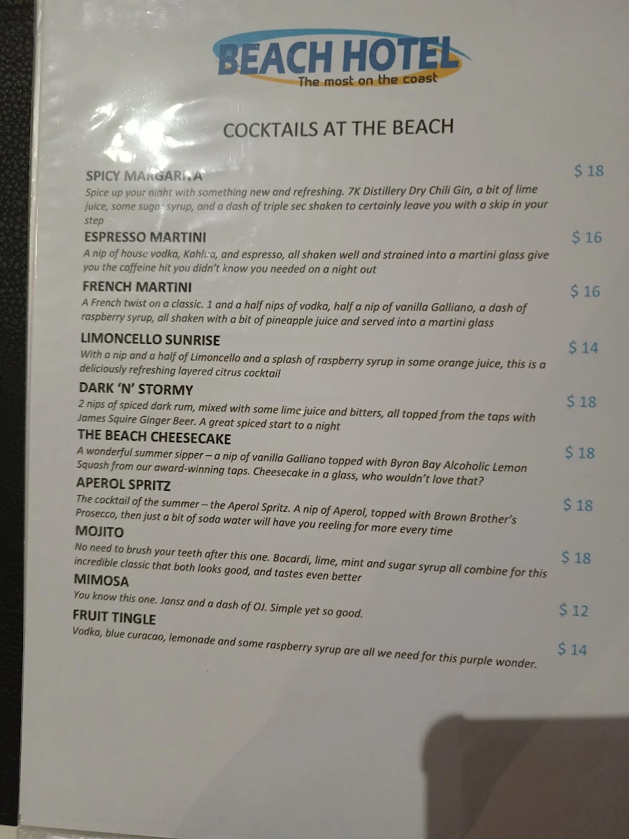Menu, Restaurant @ Beach Hotel Burnie