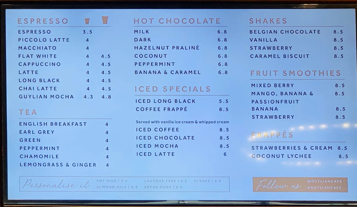 Menu, Bellucci Dessert Cafe