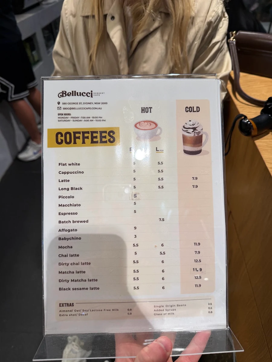 Menu, Bellucci Dessert Cafe