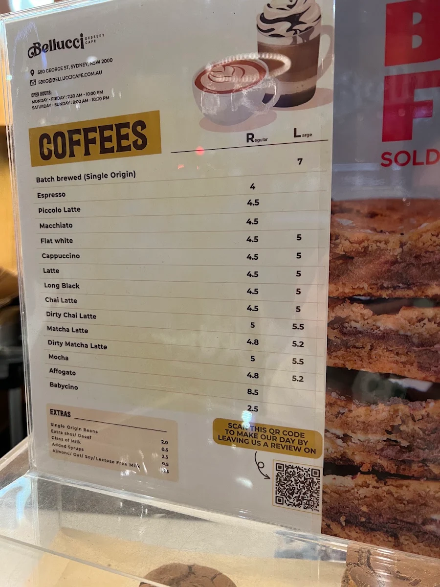 Menu, Bellucci Dessert Cafe
