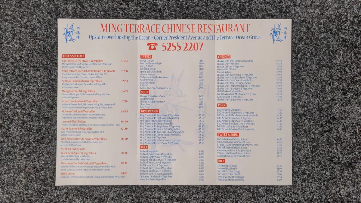 Menu, Ming Terrace Chinese Restaurant