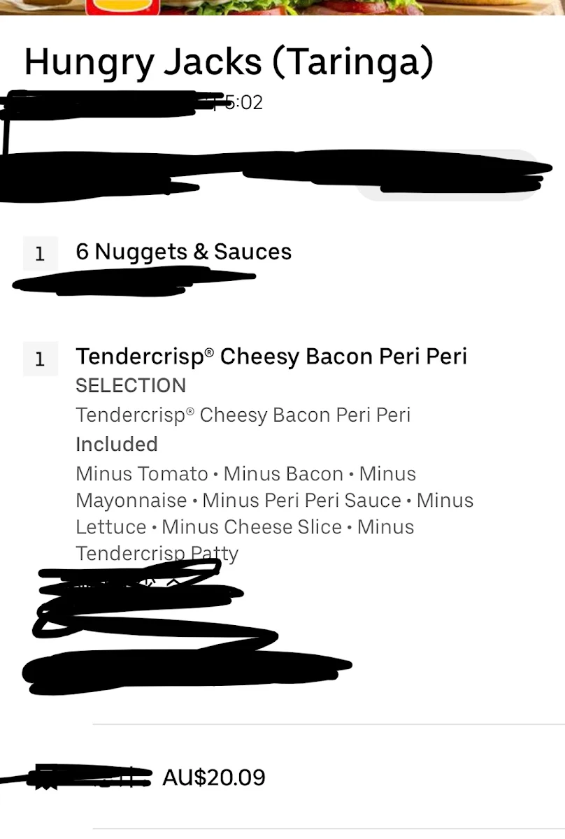 Menu, Hungry Jack's Burgers Taringa