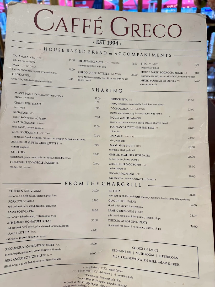 Menu, Caffé Greco Oakleigh