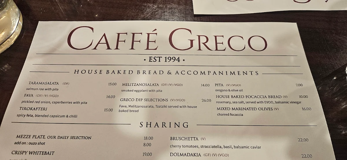 Menu, Caffé Greco Oakleigh