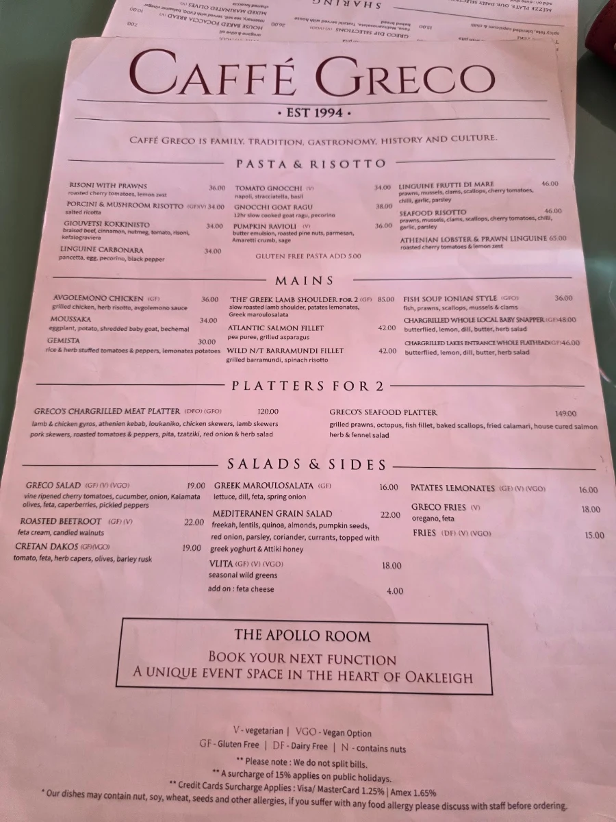 Menu, Caffé Greco Oakleigh
