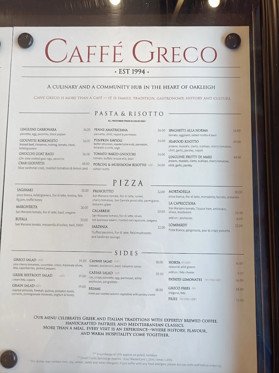 Menu, Caffé Greco Oakleigh