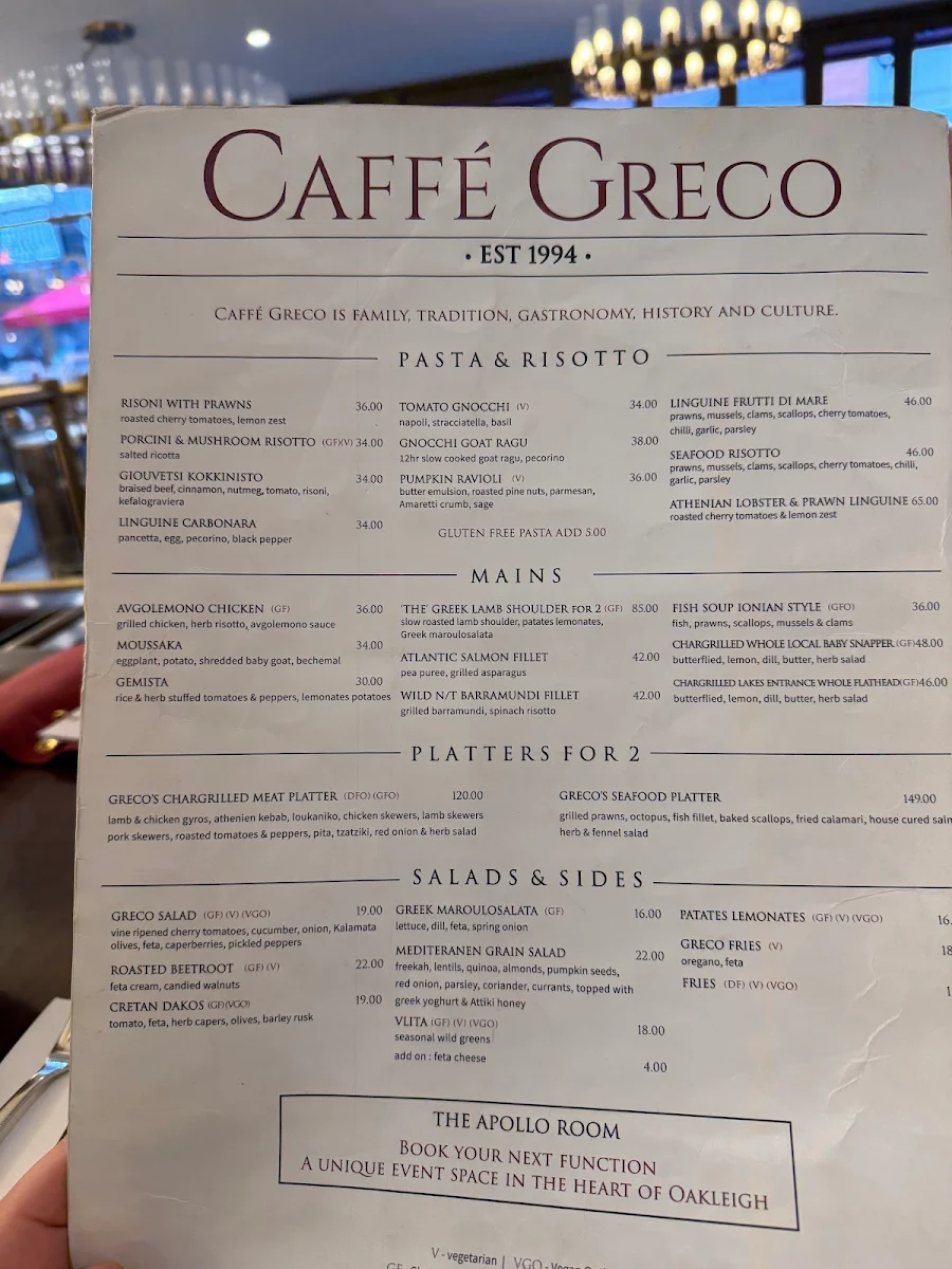Menu, Caffé Greco Oakleigh