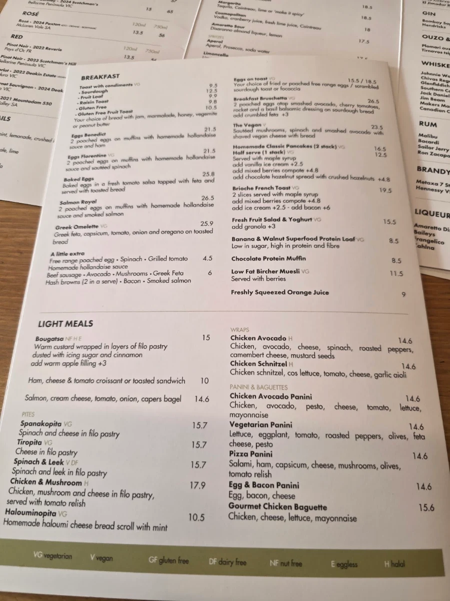 Menu, Caffé Greco Oakleigh