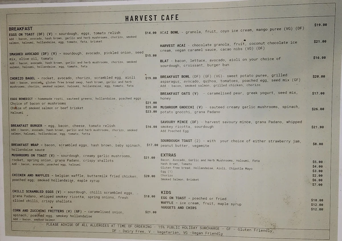 Menu, Harvest Cafe
