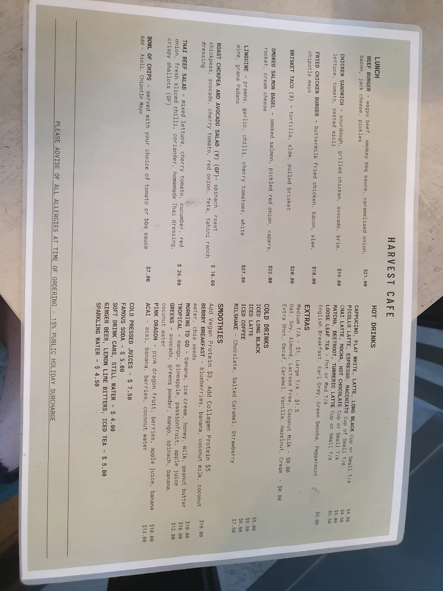 Menu, Harvest Cafe