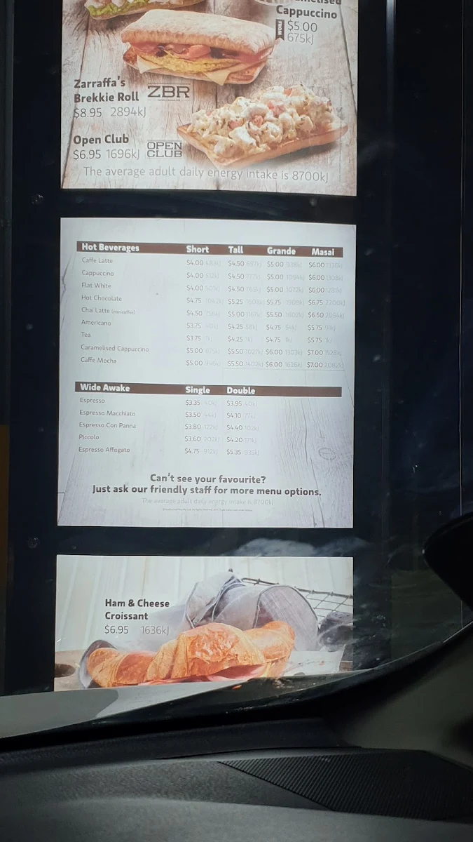 Menu, Zarraffa's Coffee Browns Plains