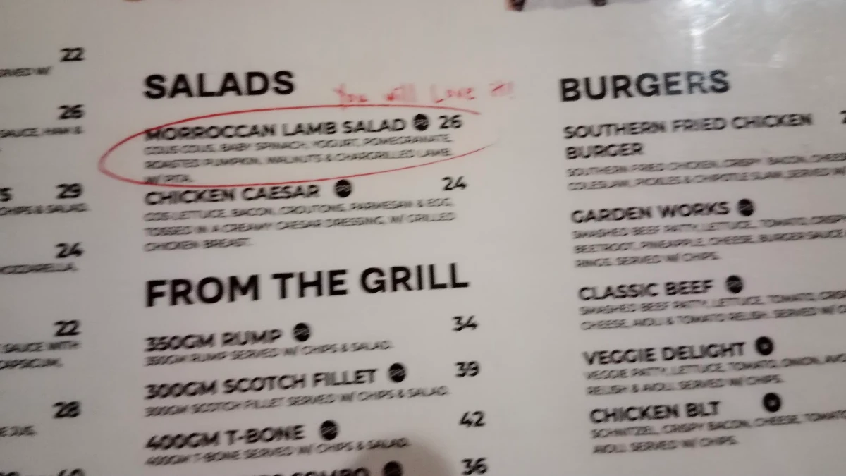Menu, Garden Hotel