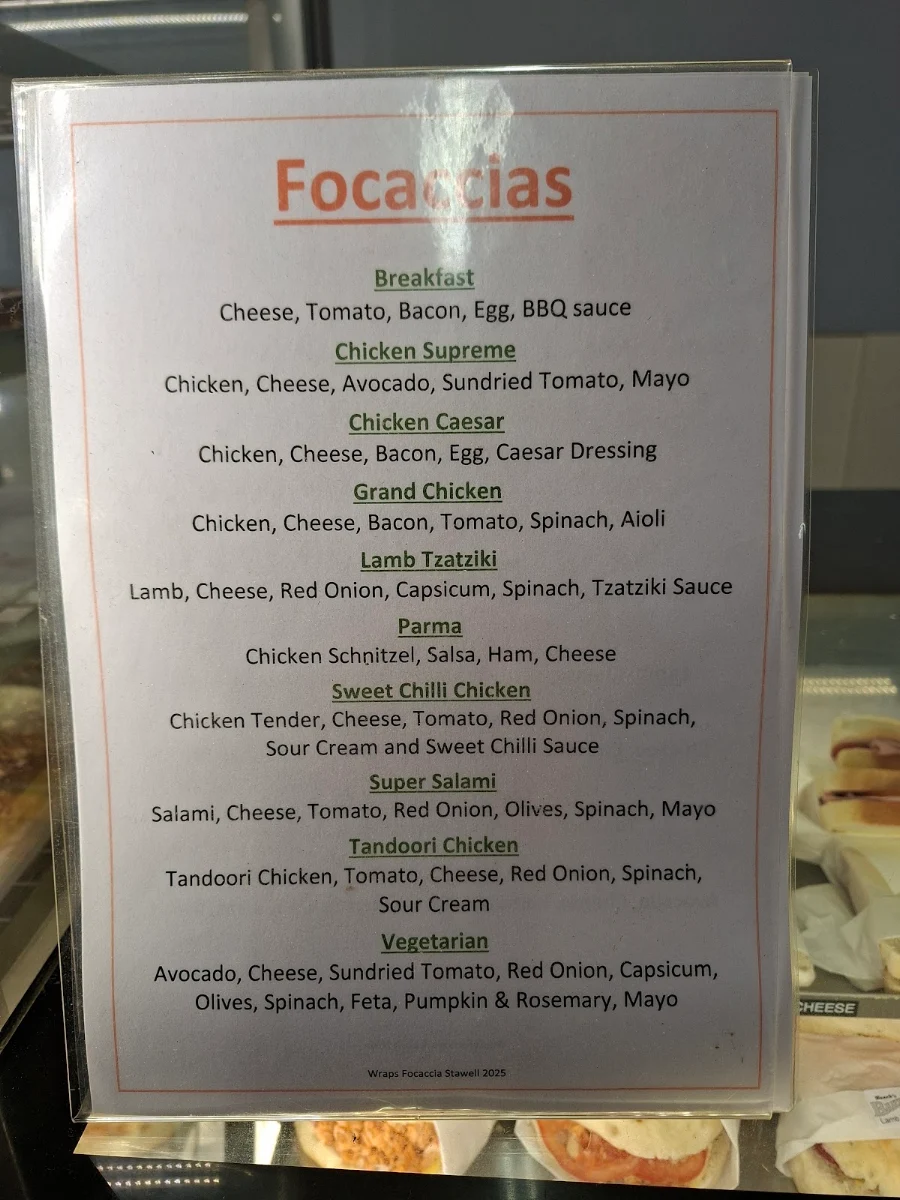 Menu, Waack's Bakery Stawell