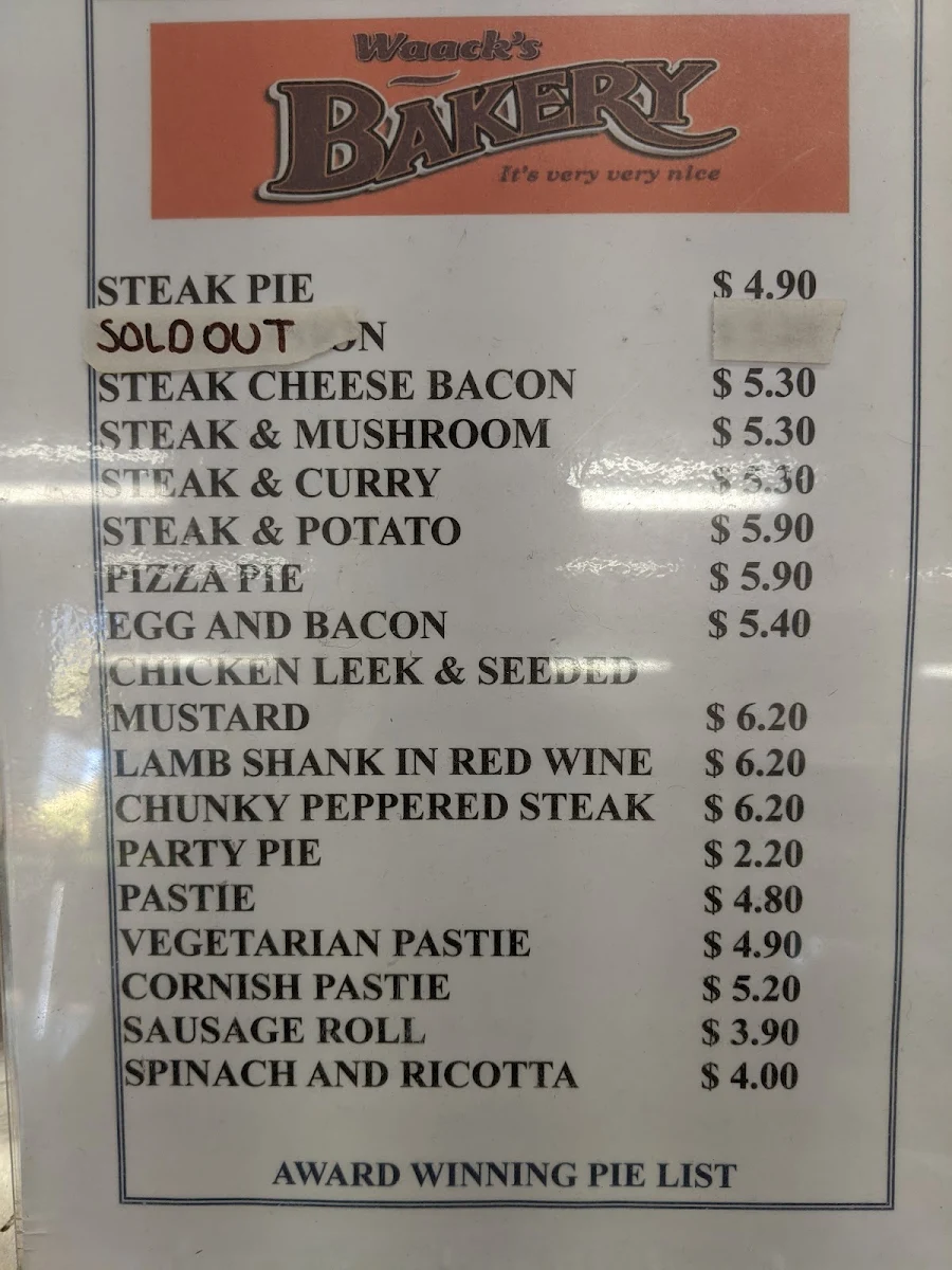 Menu, Waack's Bakery Stawell