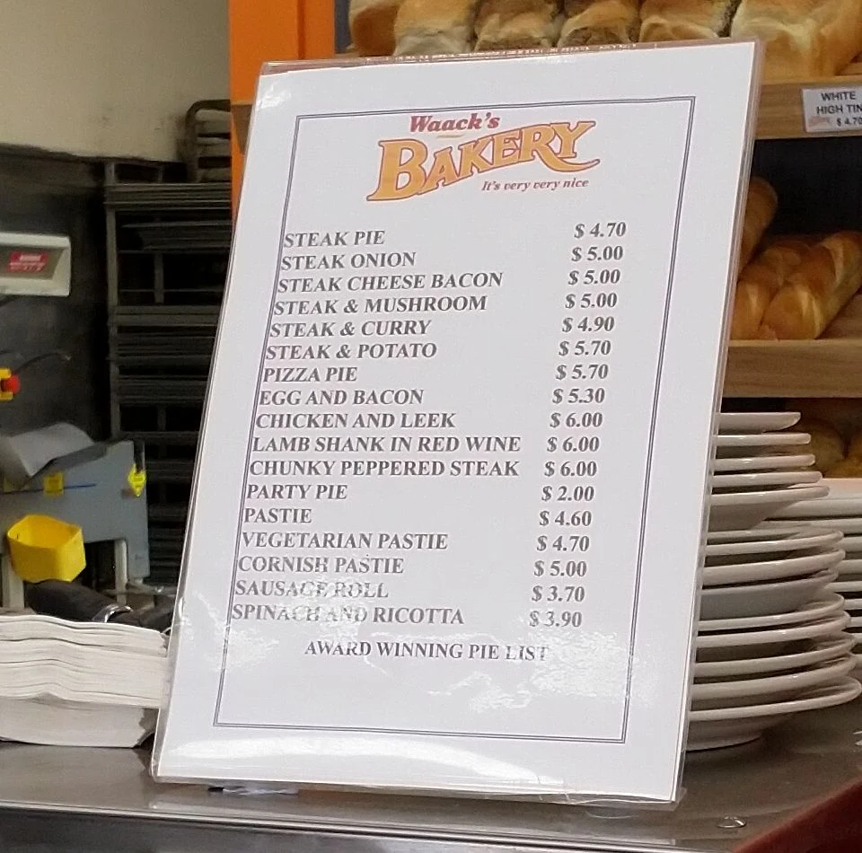 Menu, Waack's Bakery Stawell