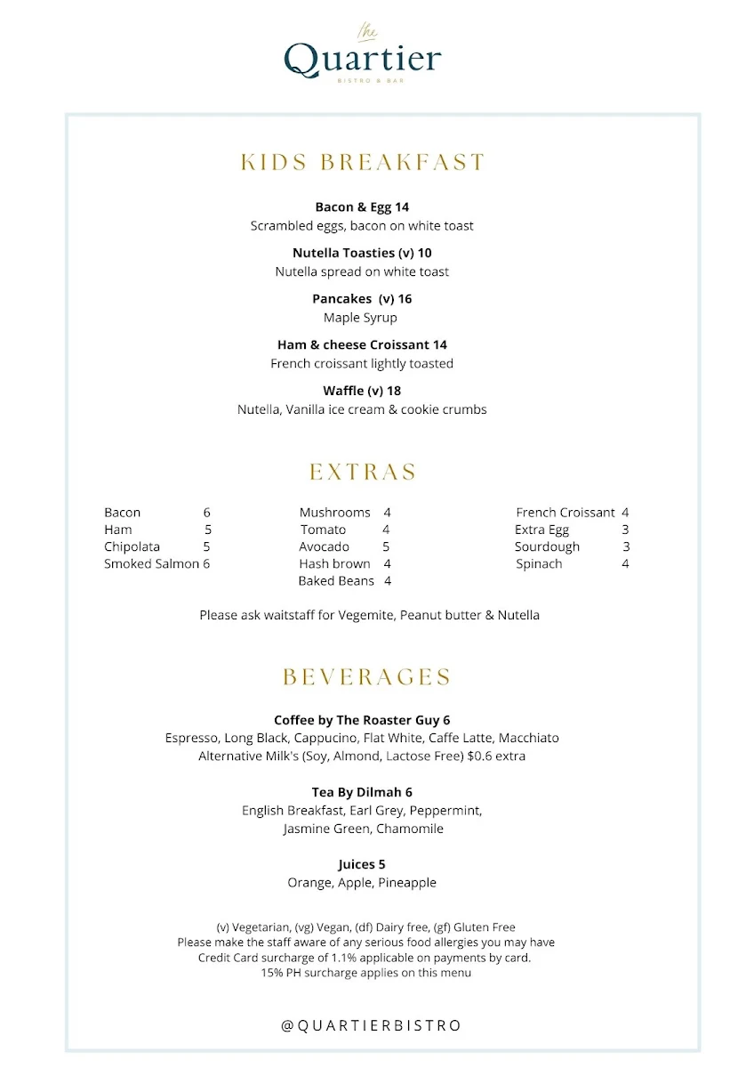Menu, Quartier Sydney
