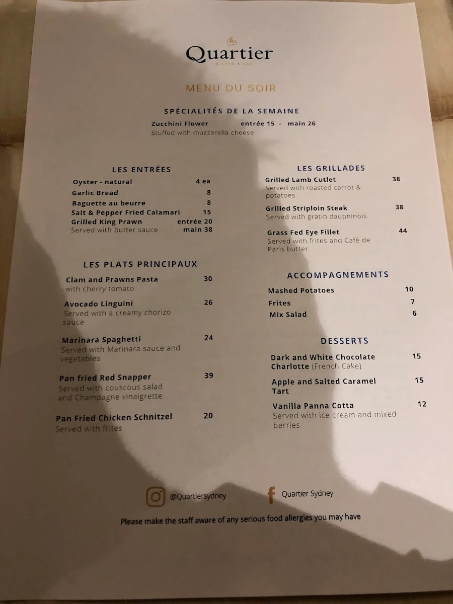 Menu, Quartier Sydney