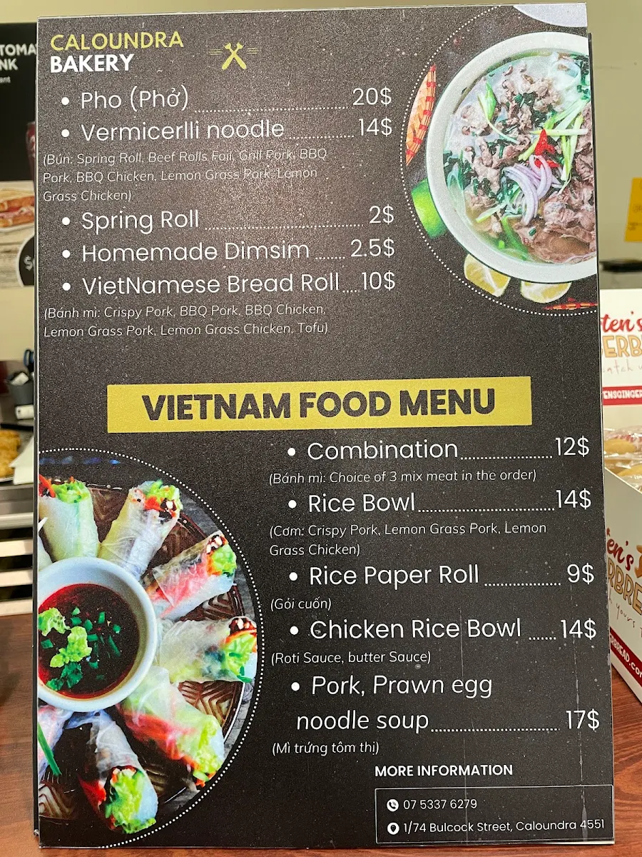 Menu, Caloundra bakery