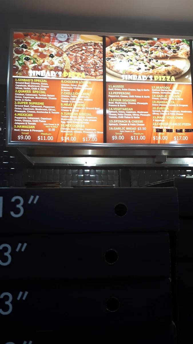 Menu, Sinbad's Kebab Pizza and Gozleme