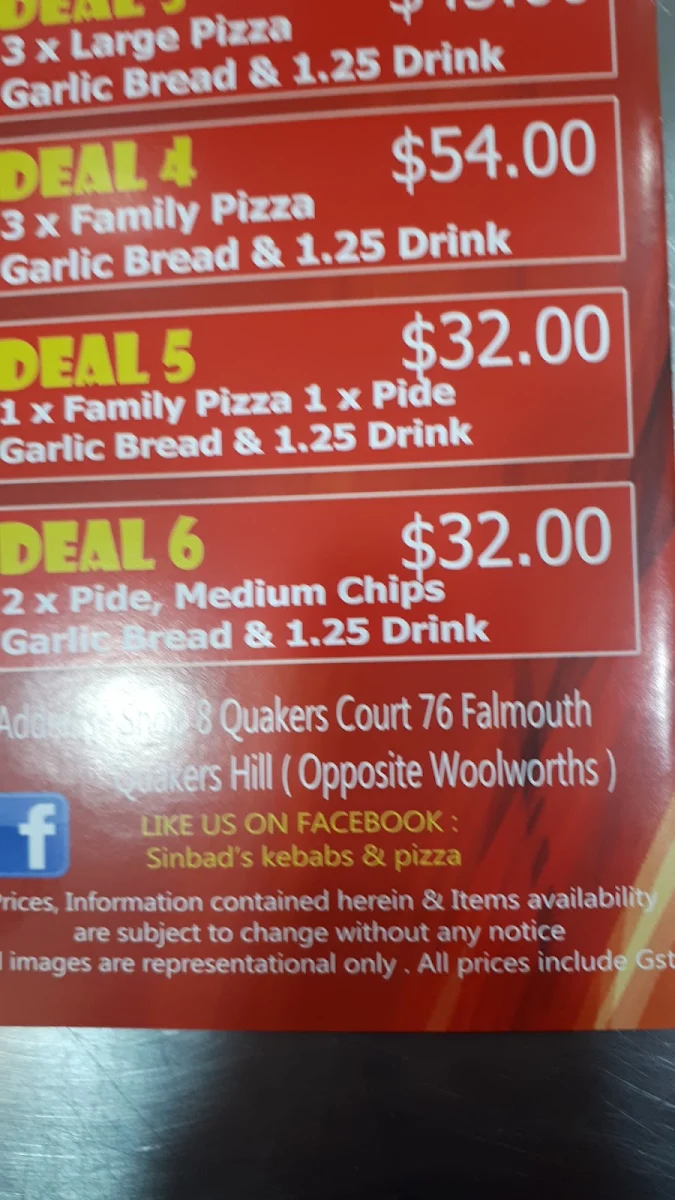 Menu, Sinbad's Kebab Pizza and Gozleme