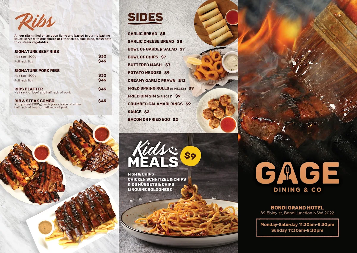 Menu, GAGE Dining & Co. (Bondi Grand Hotel Bistro)