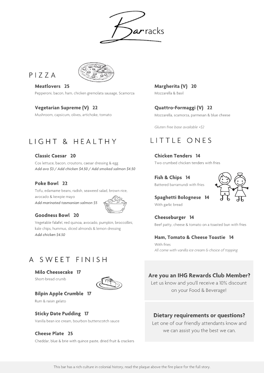 Menu, Harvest Bar