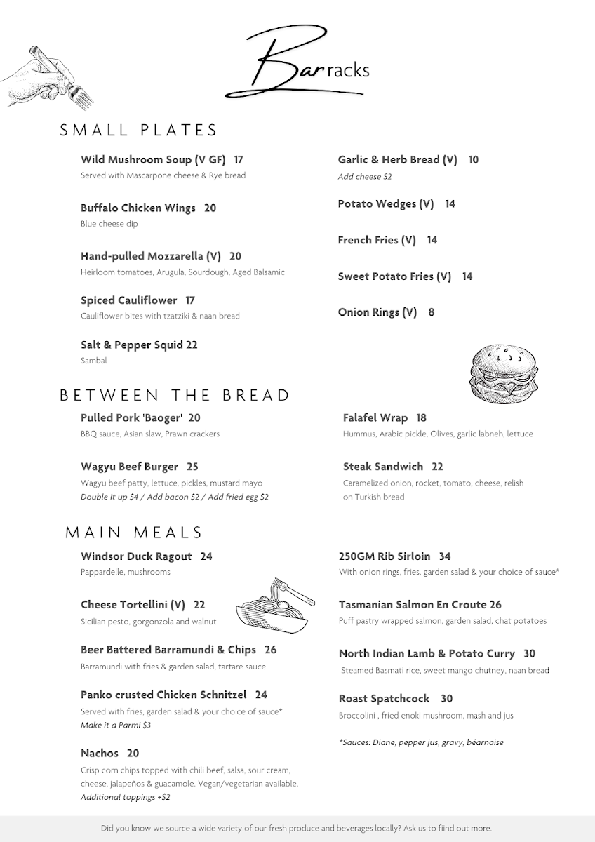 Menu, Harvest Bar
