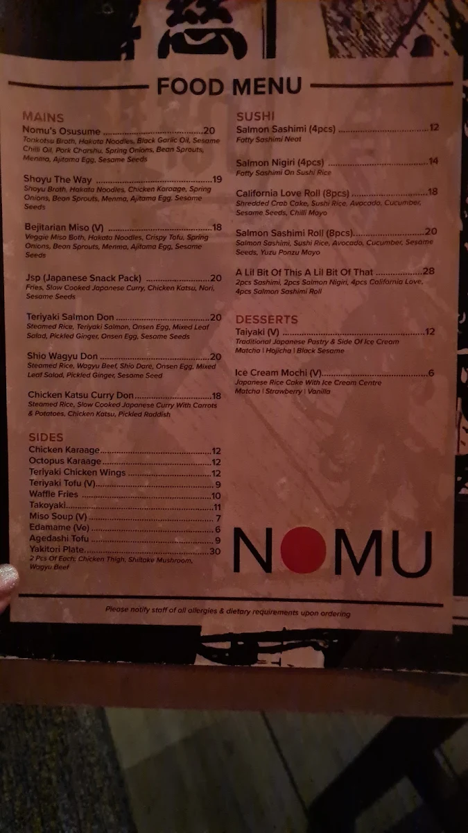 Menu, Nomu Bar Sydney