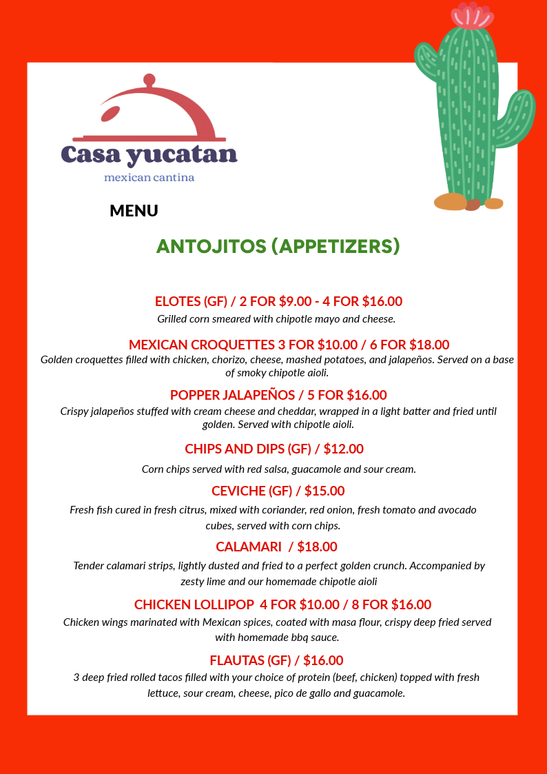 Menu, Casa Yucatan Mexican Cantina