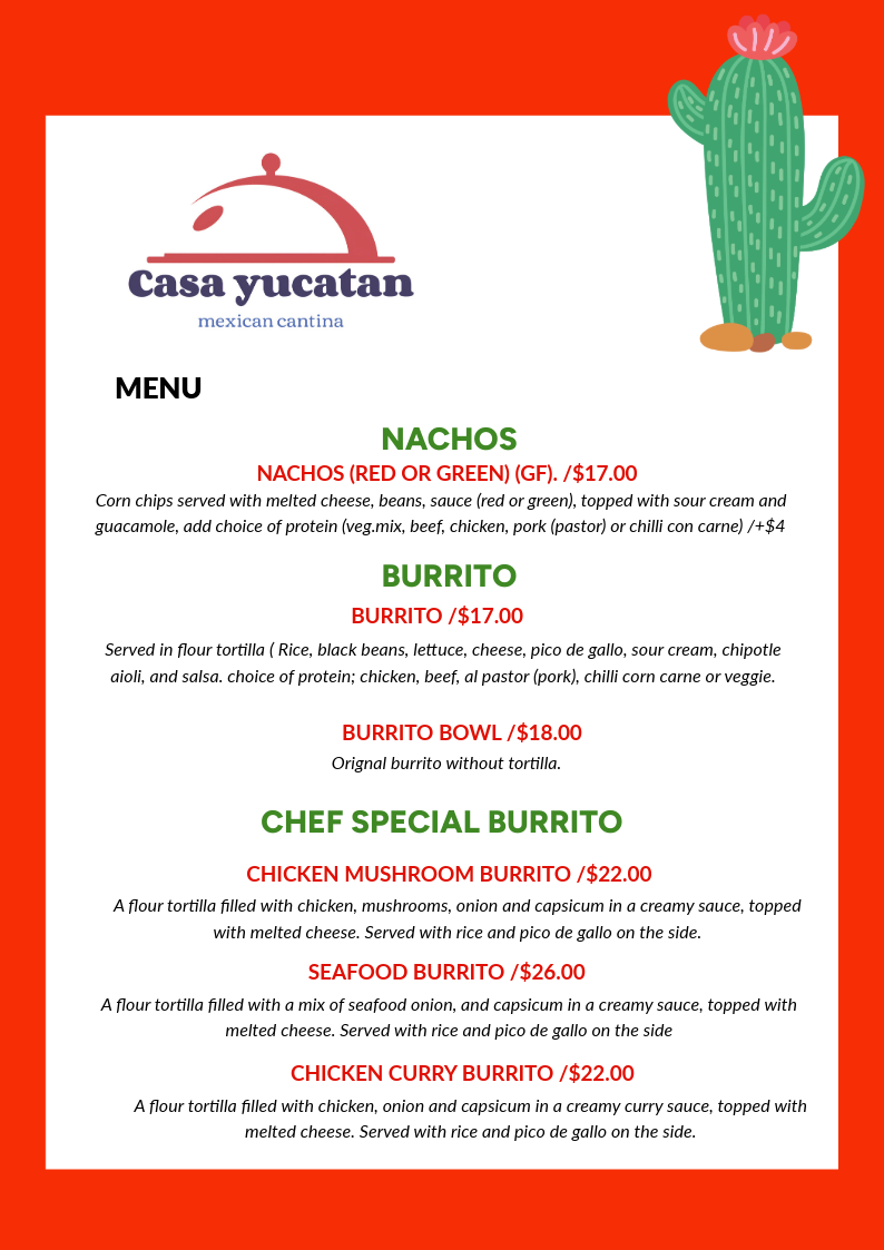 Menu, Casa Yucatan Mexican Cantina